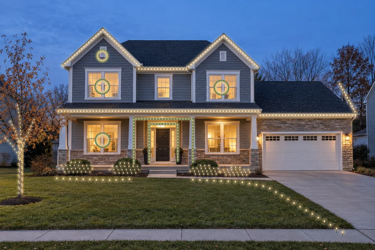 Example home with warm-white Christmas lighting along the roofline, entrance and landscaping