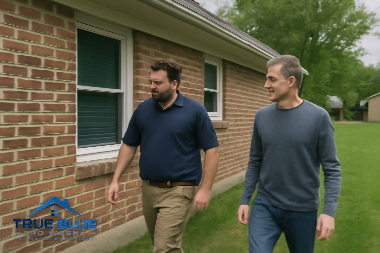 True Blue Pro Wash technician soft washing a brick home exterior in a Wilmington Delaware neighborhood