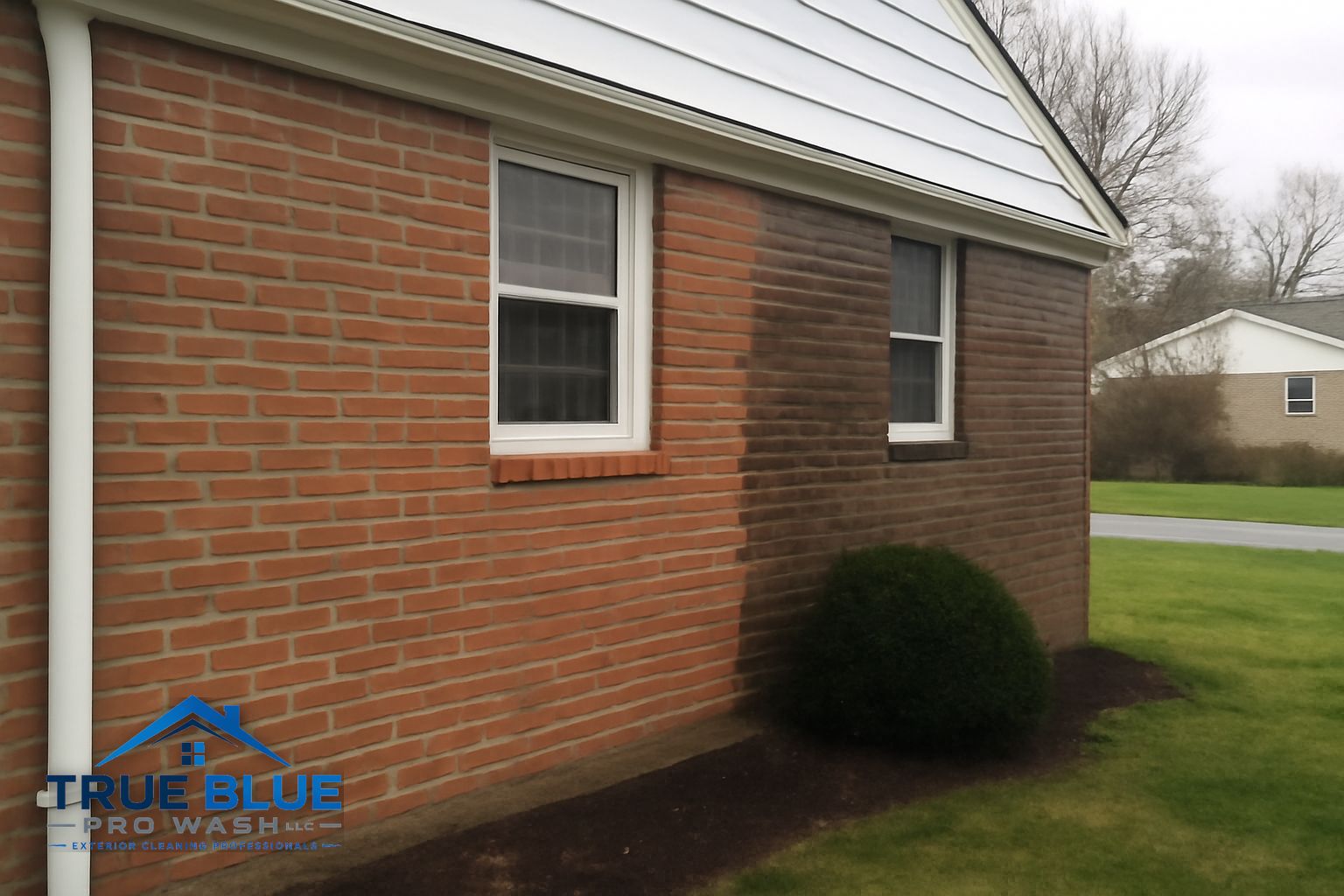 Clean brick exterior on a Wilmington Delaware home after soft washing treatment by True Blue Pro Wash