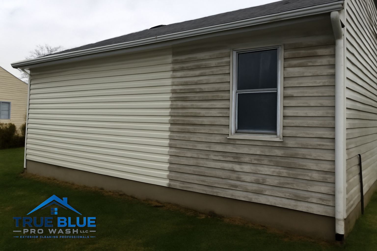 Before and after soft washing on a commercial building exterior in Delaware