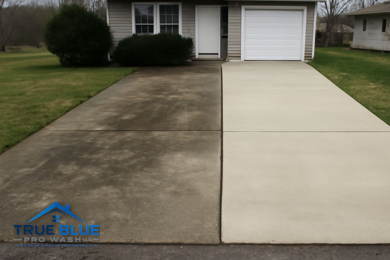 Pressure washing removing green algae and grime from a concrete driveway in Salem County NJ