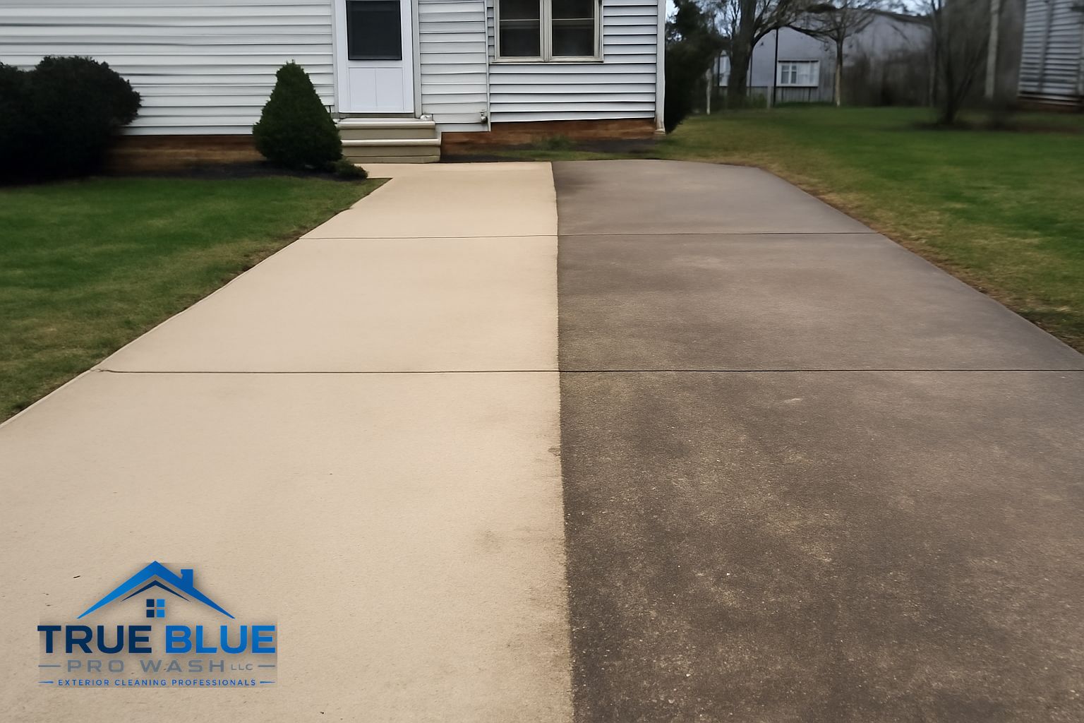 Clean concrete driveway and walkway at a Salem County New Jersey home after professional pressure washing