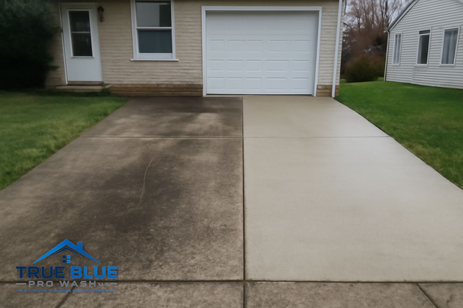Concrete driveway before and after professional pressure washing in West Chester PA