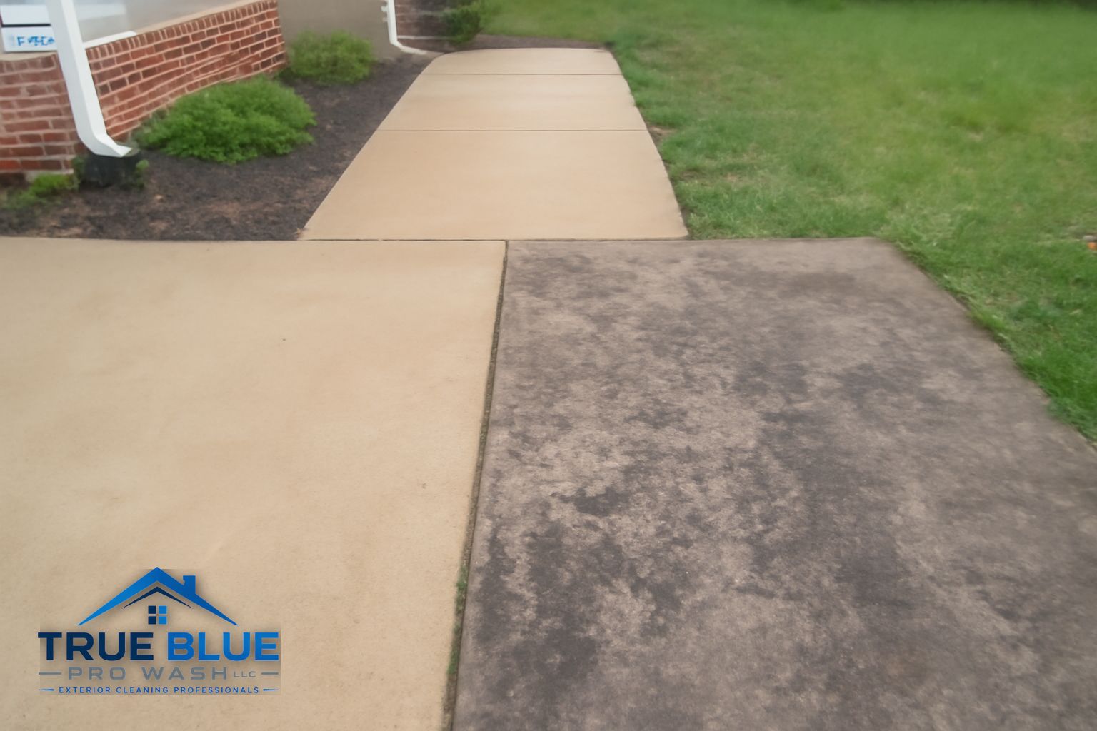 True Blue Pro Wash technician cleaning a concrete walkway and adjacent house foundation in Bear Delaware