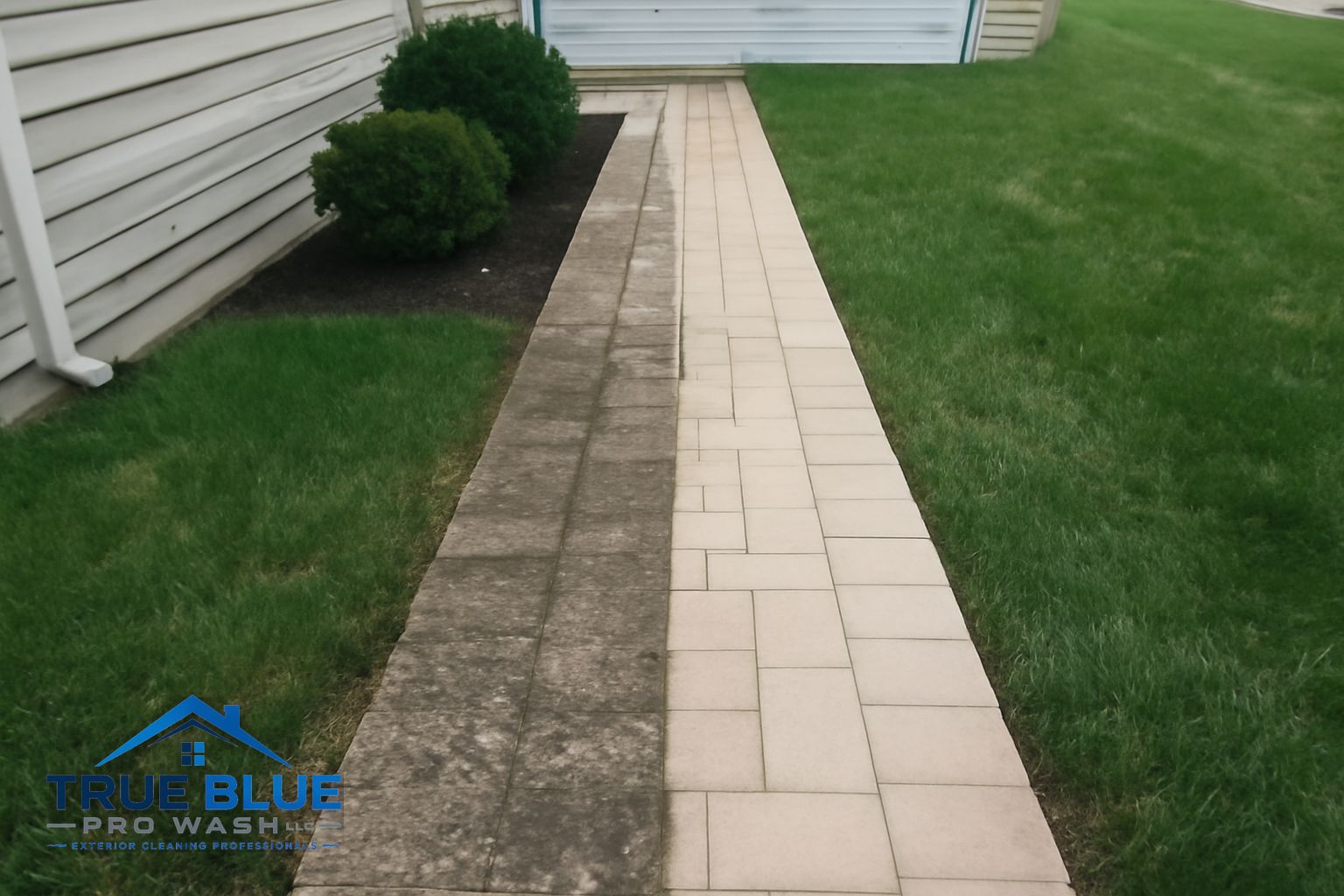 Before and after paver cleaning showing algae removal on a Delaware patio