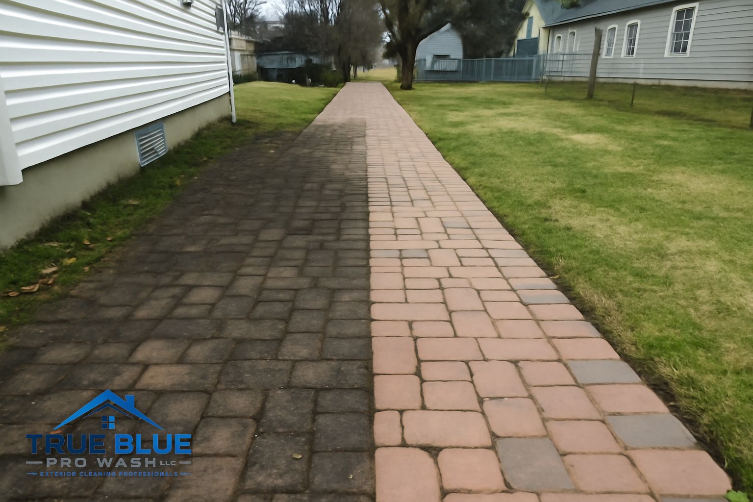 Contractor applying soft wash solution to algae-covered brick pavers in Pennsville NJ
