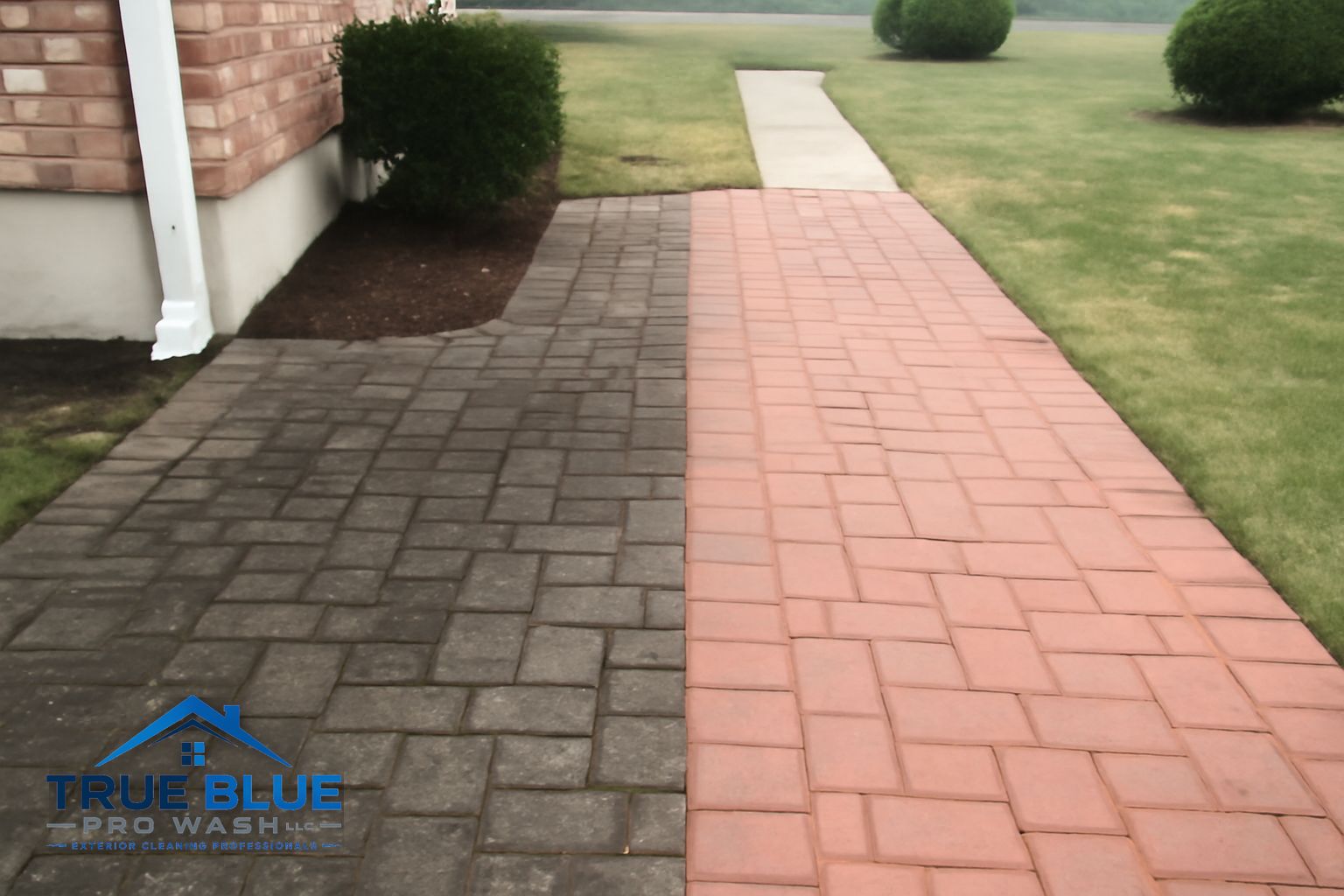 Freshly cleaned paver patio after True Blue Pro Wash soft wash treatment in Southwest New Jersey