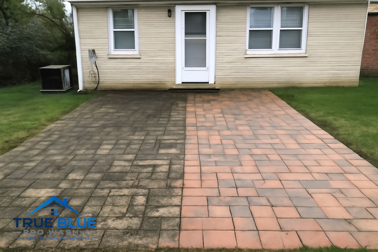 Green algae and black staining on a concrete paver patio in Wilmington, Delaware before professional cleaning