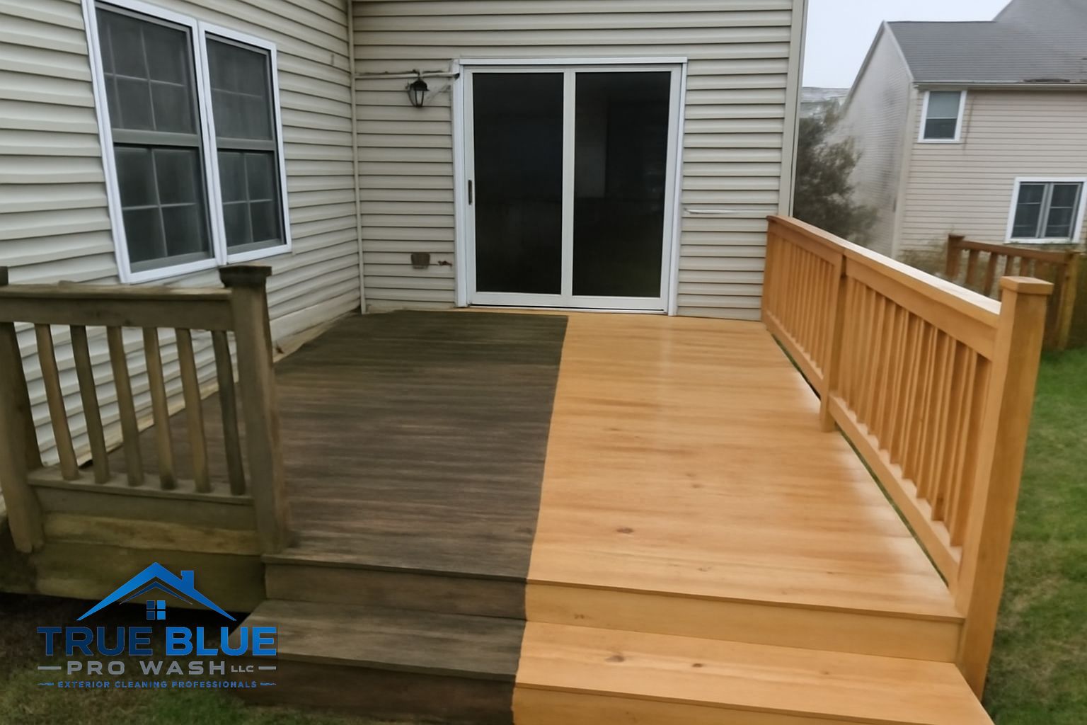 Wood deck with green algae and gray weathering before soft washing in Chadds Ford PA