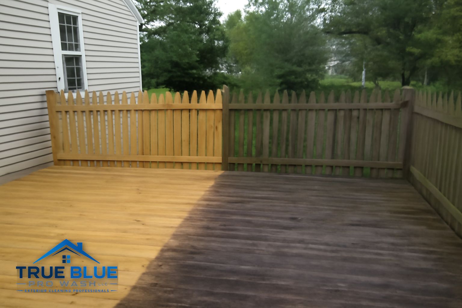 Clean wood deck after soft washing on a Chester County Pennsylvania property