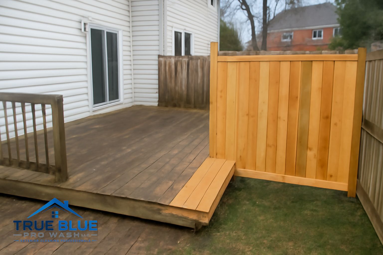Clean restored wood deck boards in Hockessin Delaware after soft washing by True Blue Pro Wash