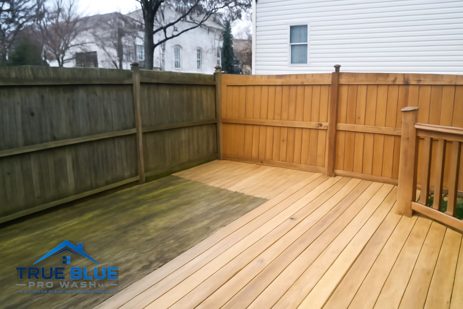 Wood deck with green algae and gray weathering before soft wash cleaning in Kennett Square PA