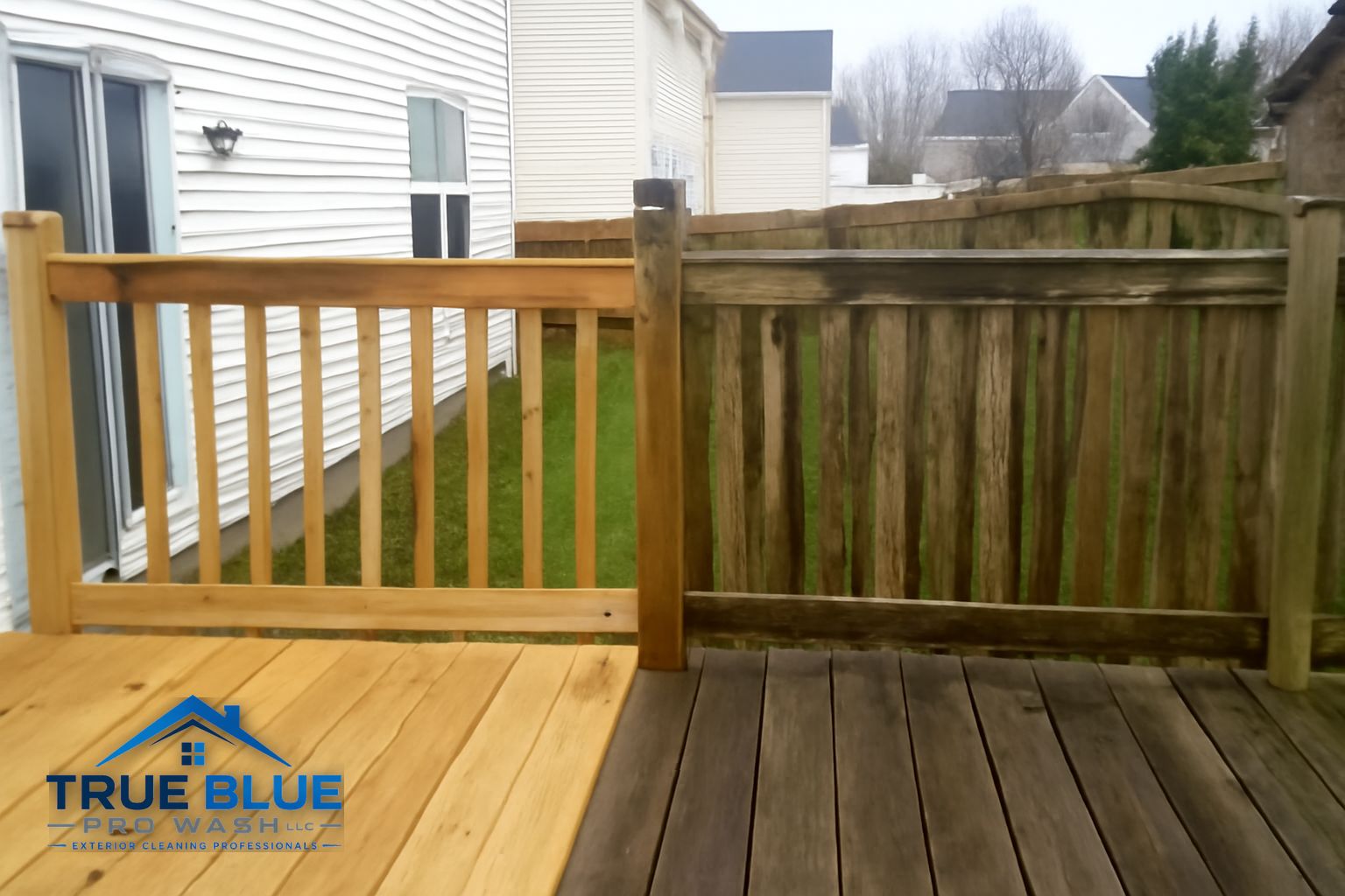 Cleaned and restored wood deck boards in Newark Delaware after soft washing by True Blue Pro Wash