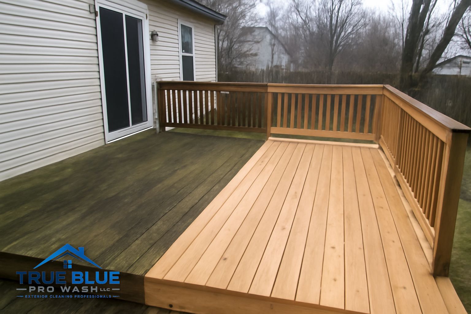 Wood deck boards covered in green algae and gray weathering before cleaning in West Chester PA