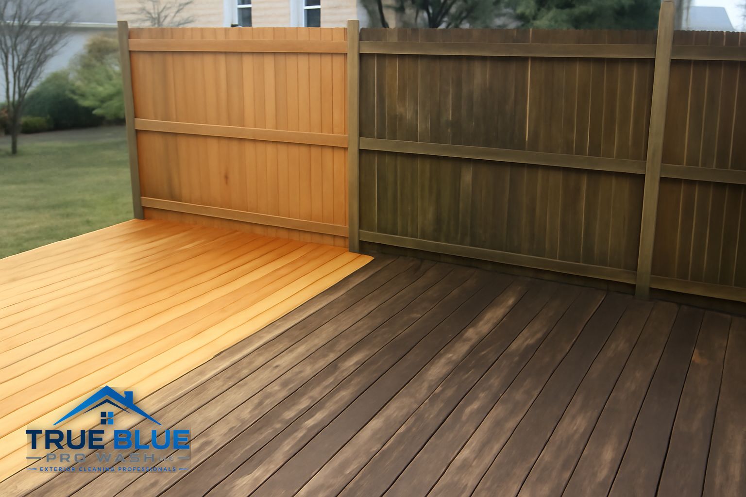 Wood privacy fence cleaned with soft wash process removing green algae and mildew in West Chester Pennsylvania