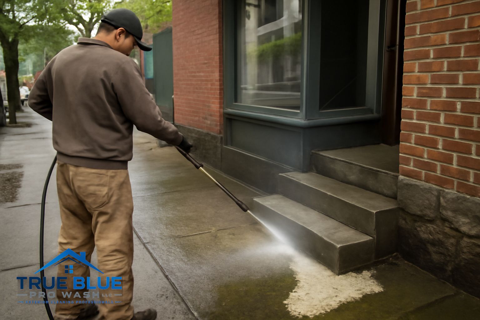 Pressure washing sidewalk and entry steps near Trolley Square Wilmington DE