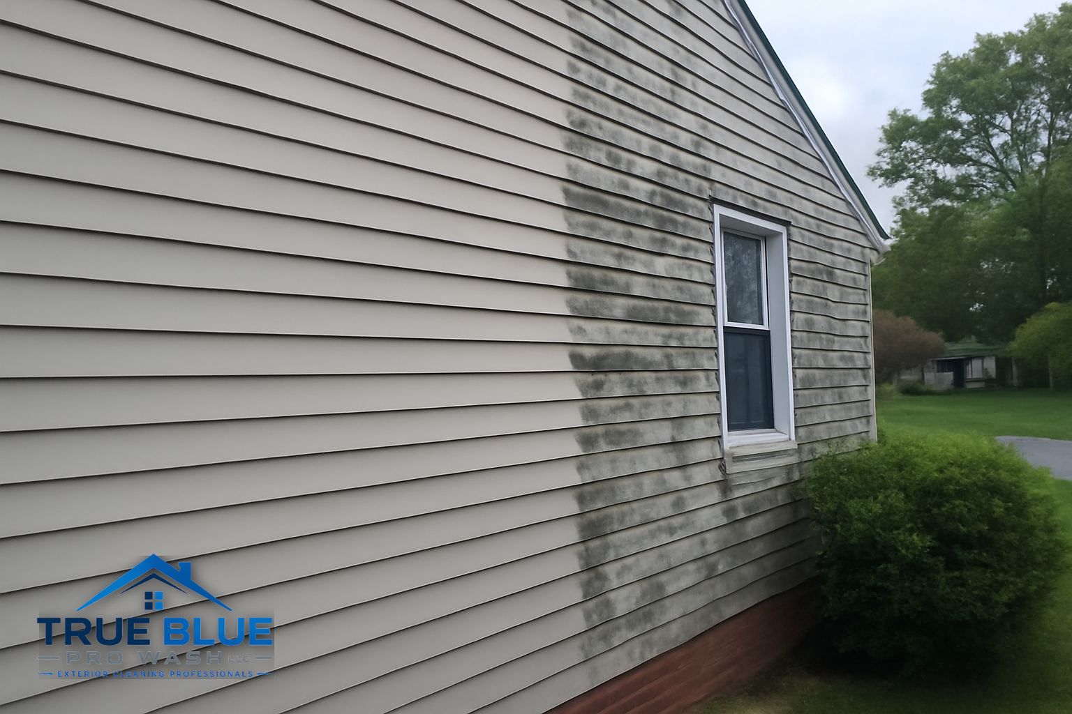 Before and after comparison of a Wilmington Delaware home exterior washed by True Blue Pro Wash