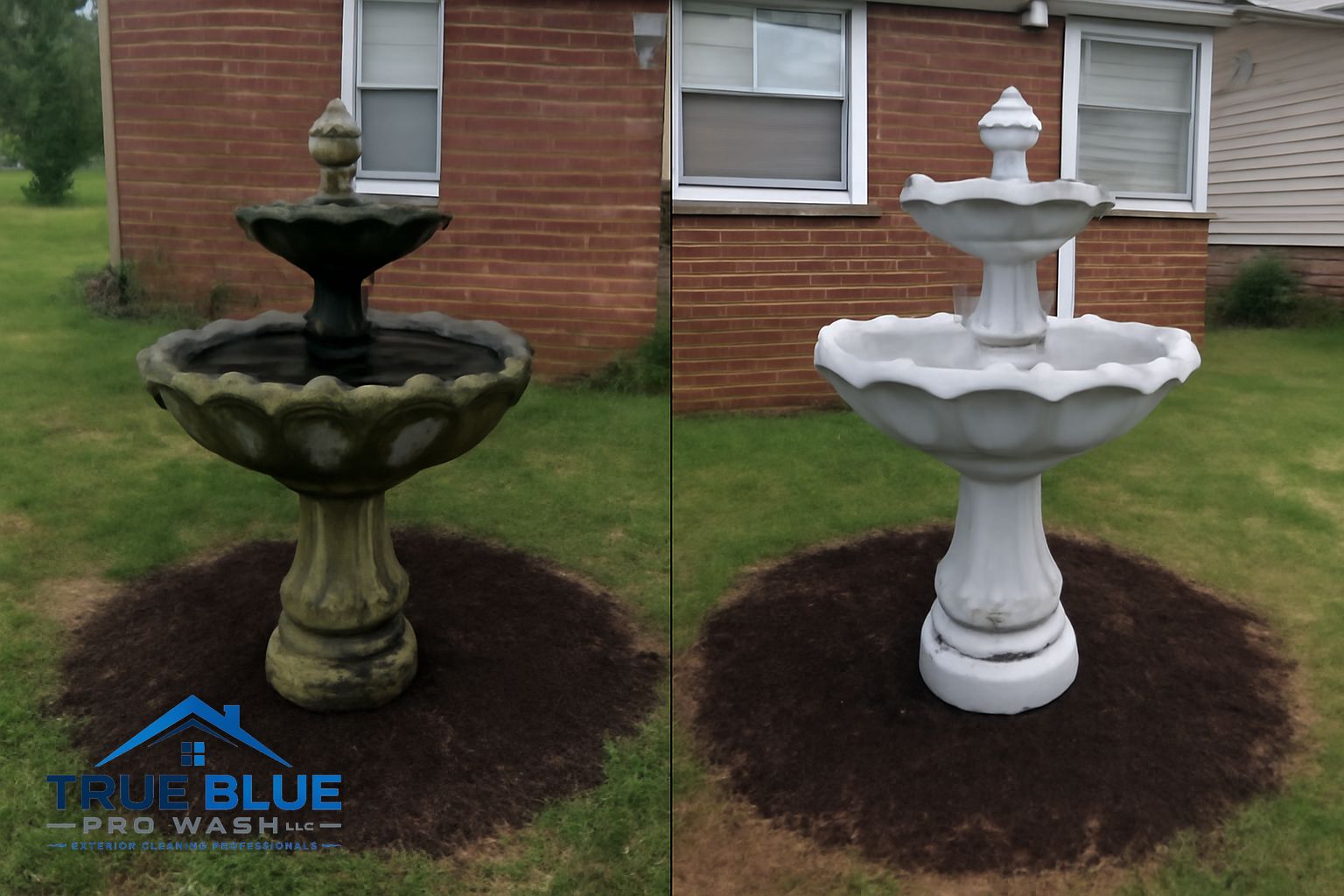 Outdoor fountain basin with green algae and calcium scale before cleaning in New Castle DE