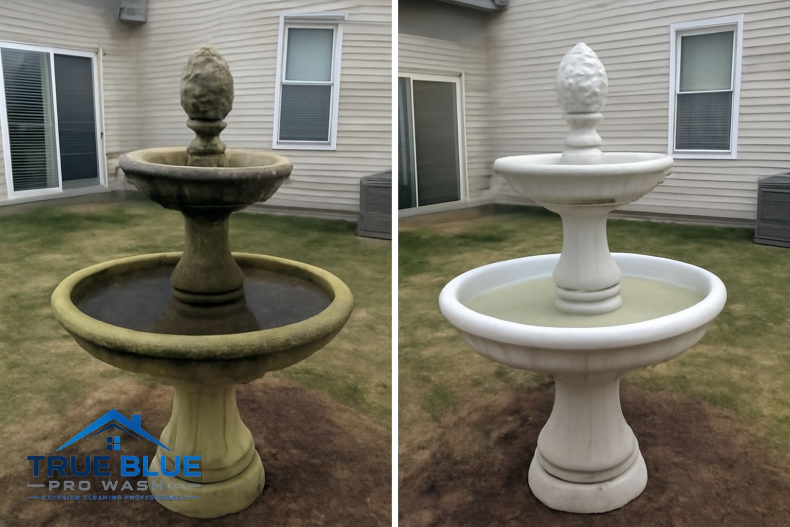 Technician cleaning algae from a decorative outdoor fountain basin in Newark, Delaware