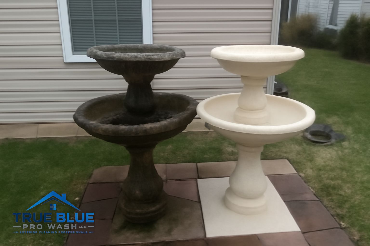 Clean decorative outdoor fountain on a Newark Delaware residential property after professional soft wash service