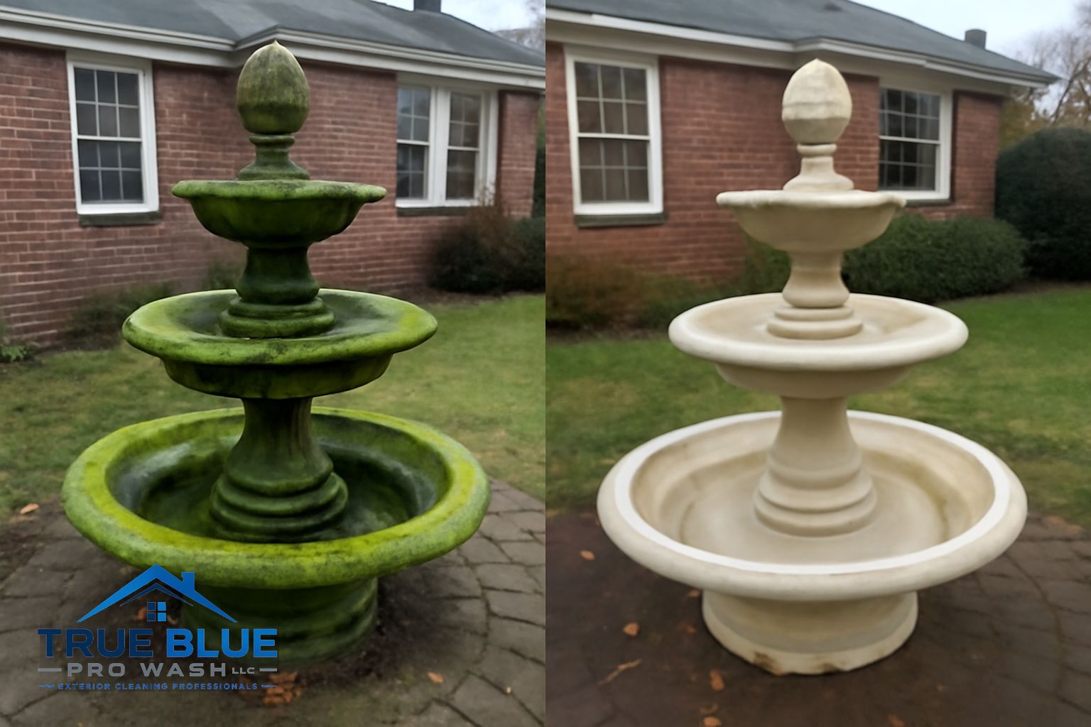 Green algae and mineral scale buildup inside a decorative fountain basin in Wilmington DE