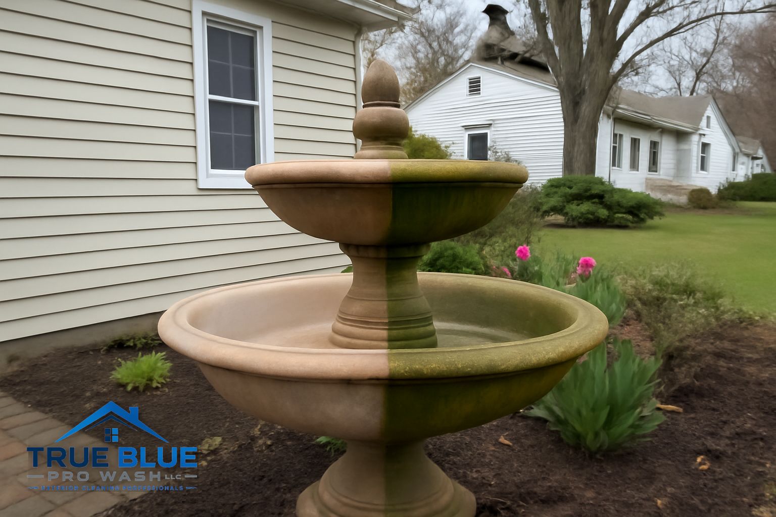 Clean decorative fountain in a Wilmington Delaware residential courtyard after soft washing service