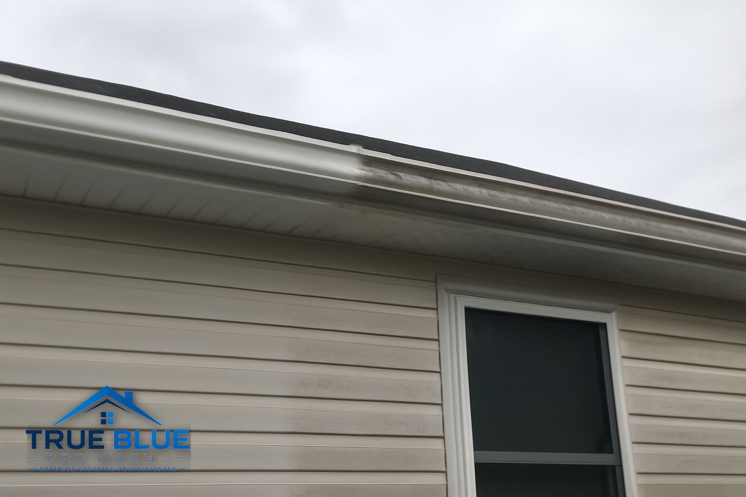 Technician cleaning gutters on a colonial home in Bear Delaware