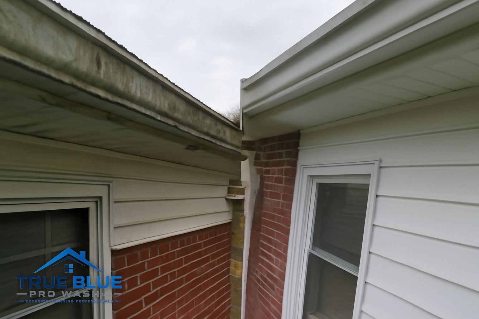 Technician clearing packed leaf debris from gutters on a Newark, DE home