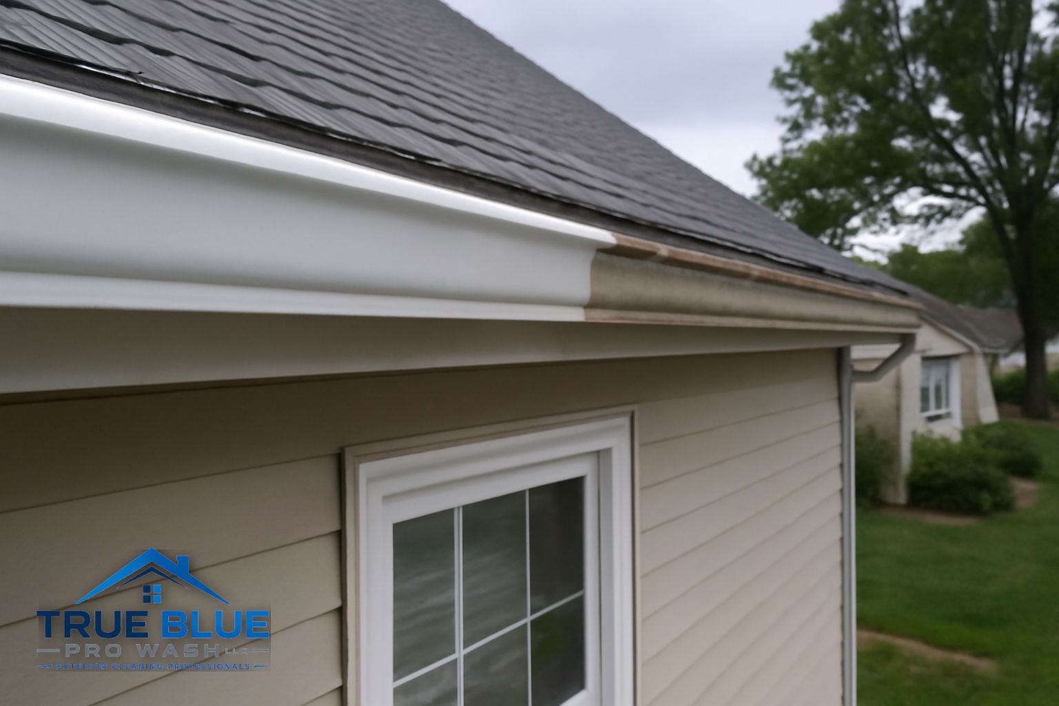 Clean, brightened white gutters on a brick colonial home in Wilmington Delaware after service