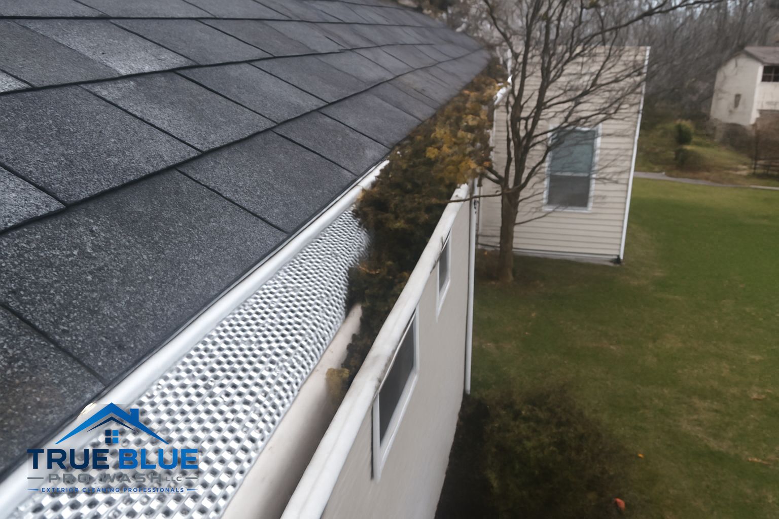 True Blue Pro Wash crew truck parked in front of a Greenville Delaware home for gutter cleaning service