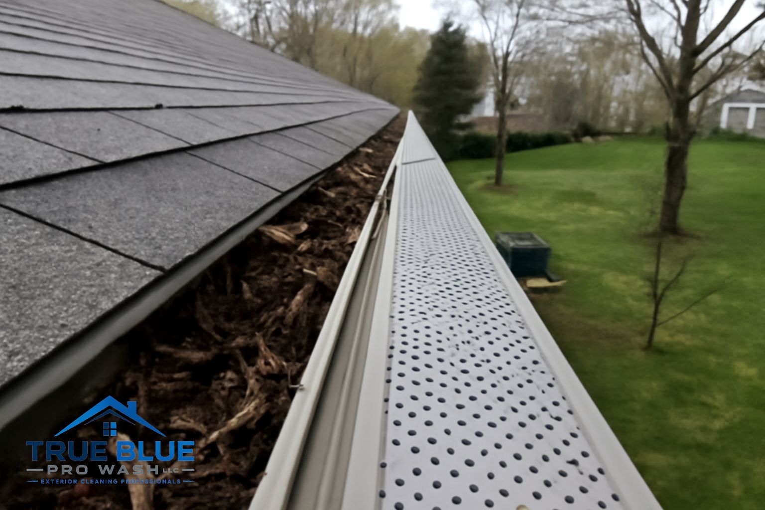 Clean gutters and downspouts on a Chester County Pennsylvania home after True Blue Pro Wash service