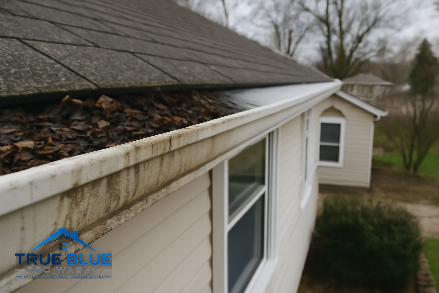 Clogged gutters packed with wet leaves on a Salem County, NJ home