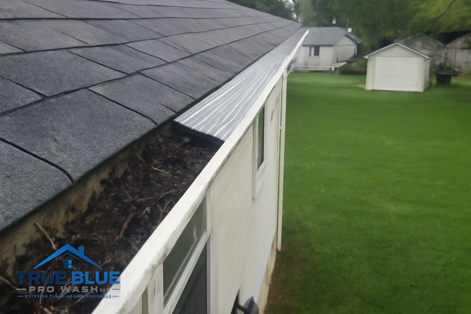 Clean gutters with fresh micromesh guards on a Southwest NJ home after True Blue Pro Wash service