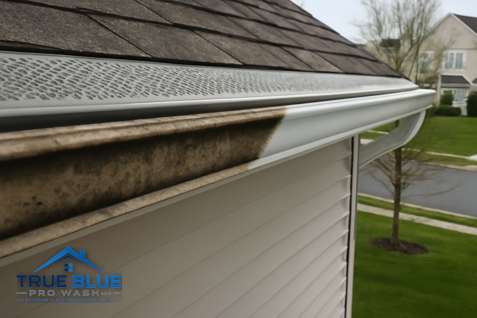 Before and after gutter brightening on a colonial home in West Chester PA