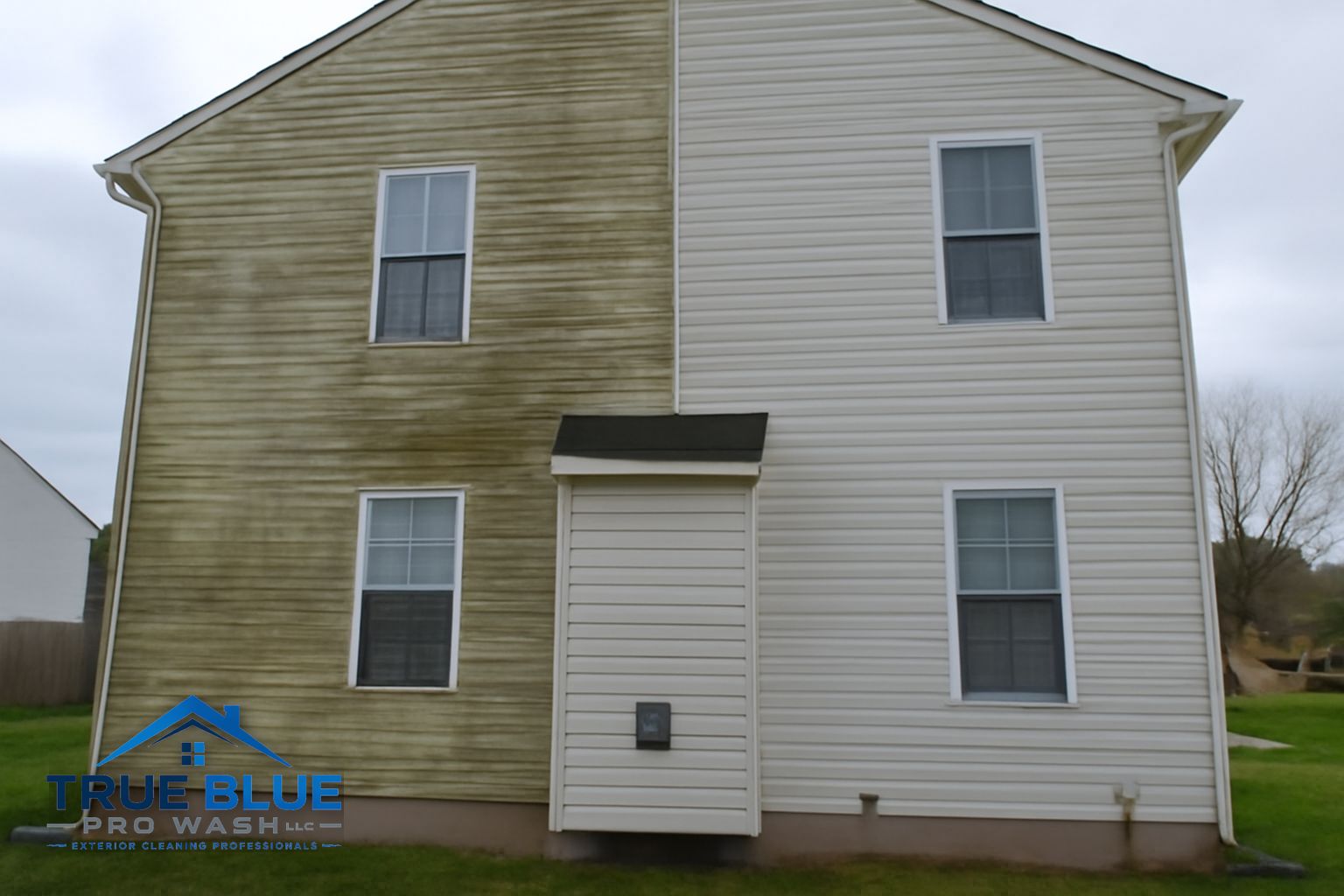 Soft washing algae and mildew from vinyl siding on a New Castle, DE home