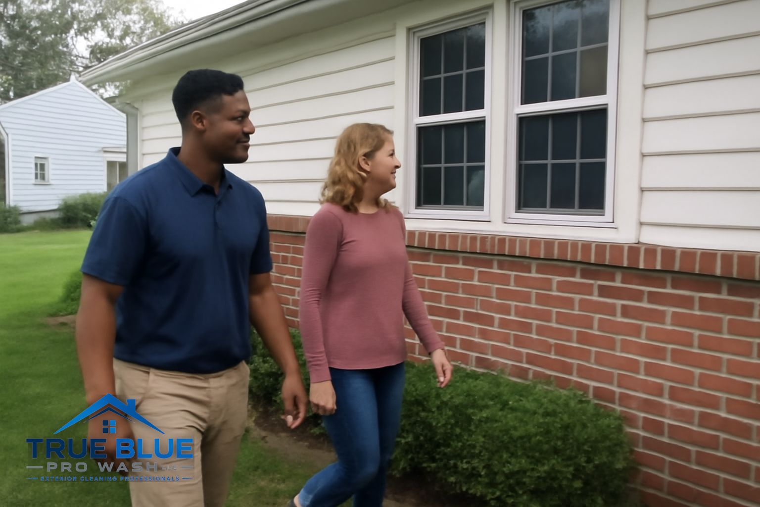 Before and after soft washing on a two-story home in New Castle County, Delaware