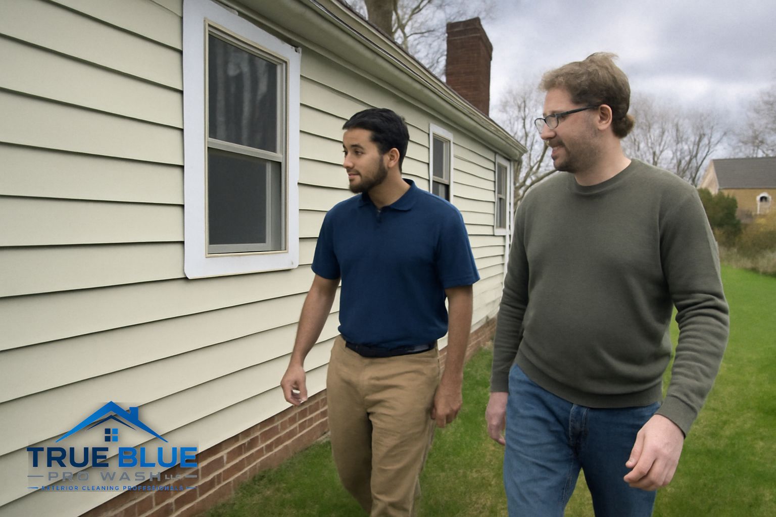 Technician soft washing a two-story colonial home exterior in Newark Delaware