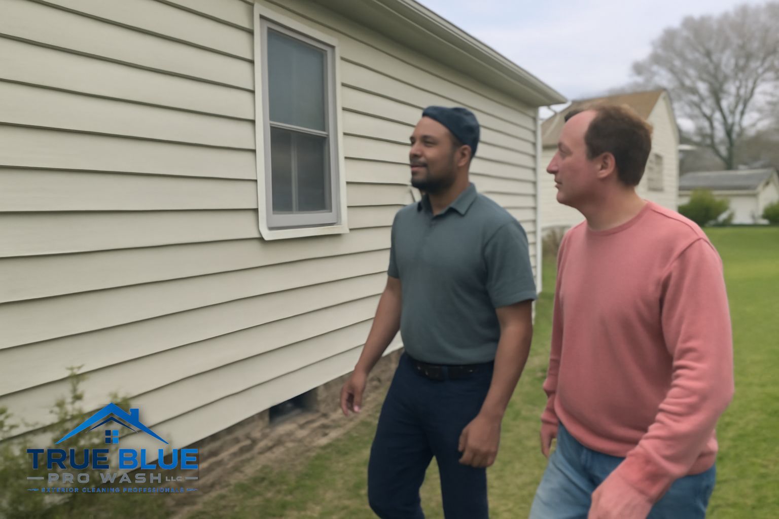Professional soft washing technician treating siding on a Pike Creek Delaware home