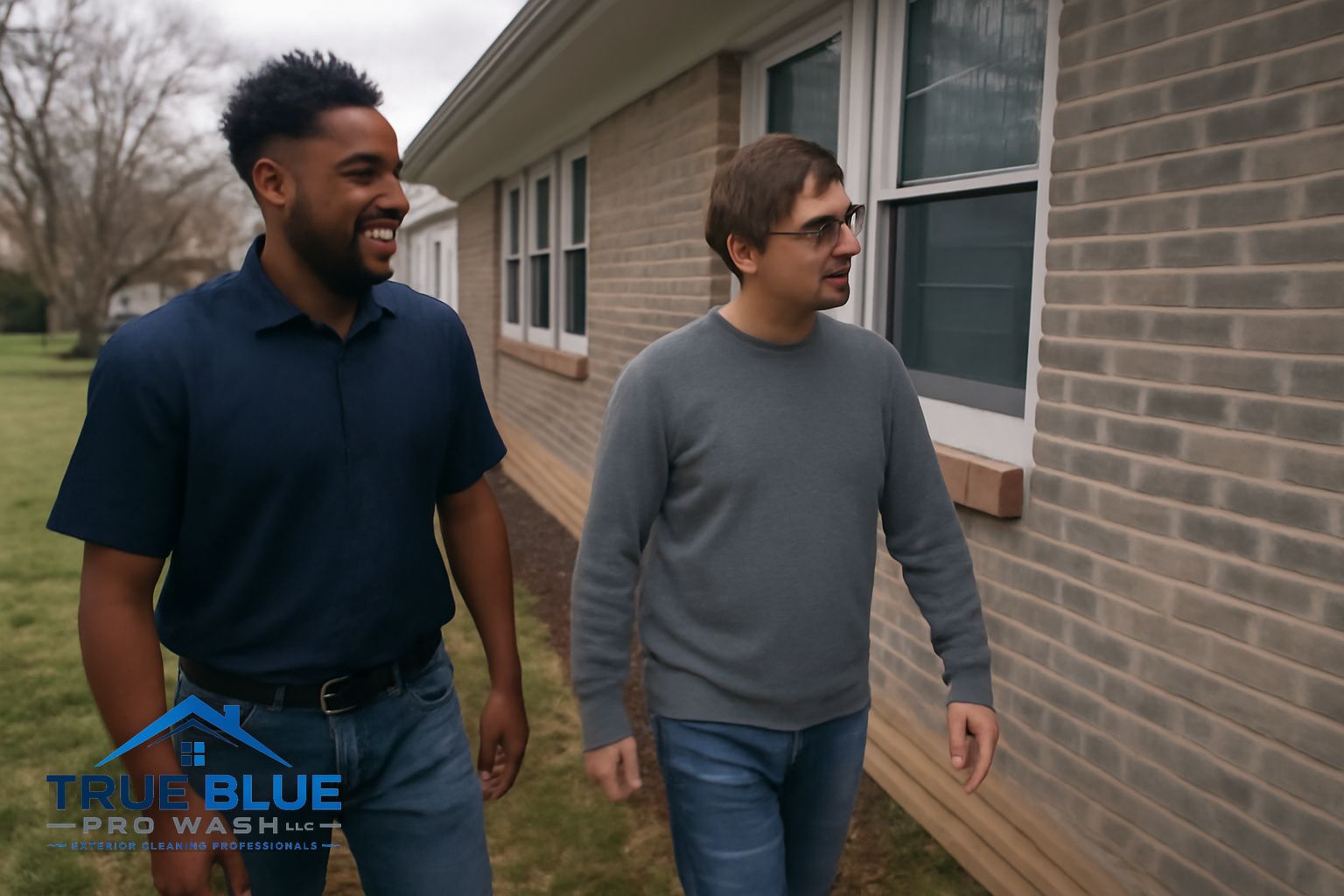 True Blue Pro Wash technician applying soft wash solution to a two-story home exterior in New Castle County, Delaware