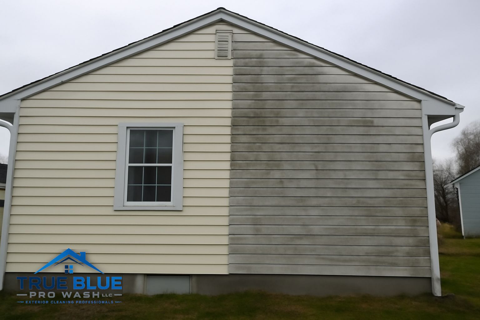 True Blue Pro Wash technician soft washing a two-story home exterior in Salem County NJ