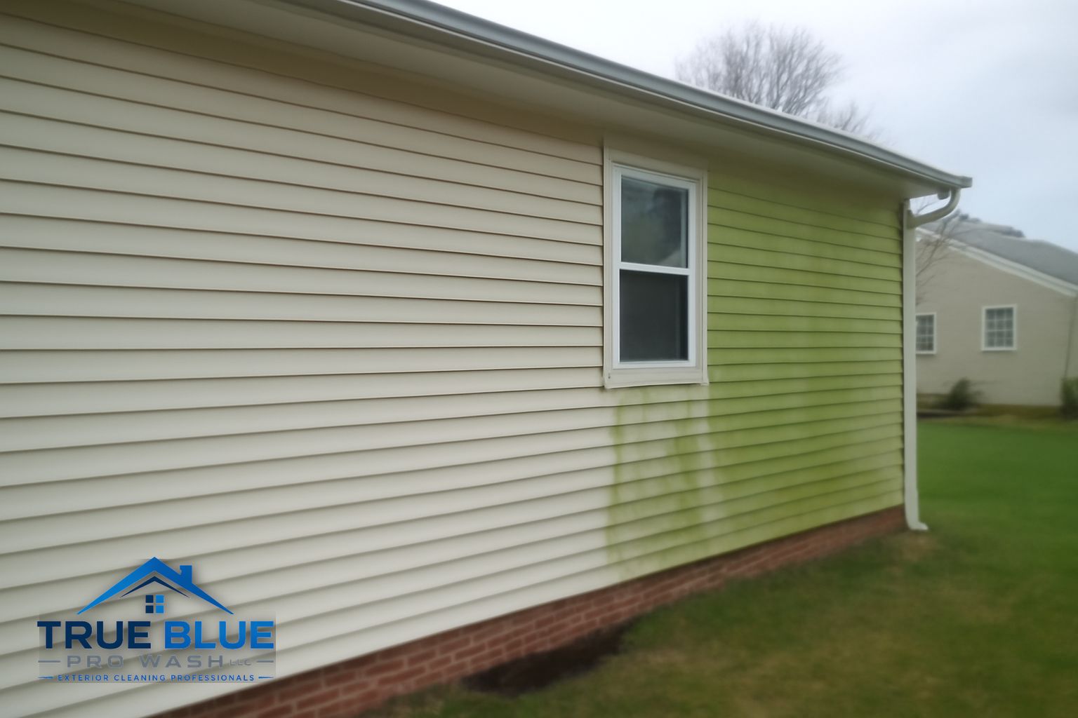True Blue Pro Wash technician applying soft wash solution to siding on a Wilmington Delaware home