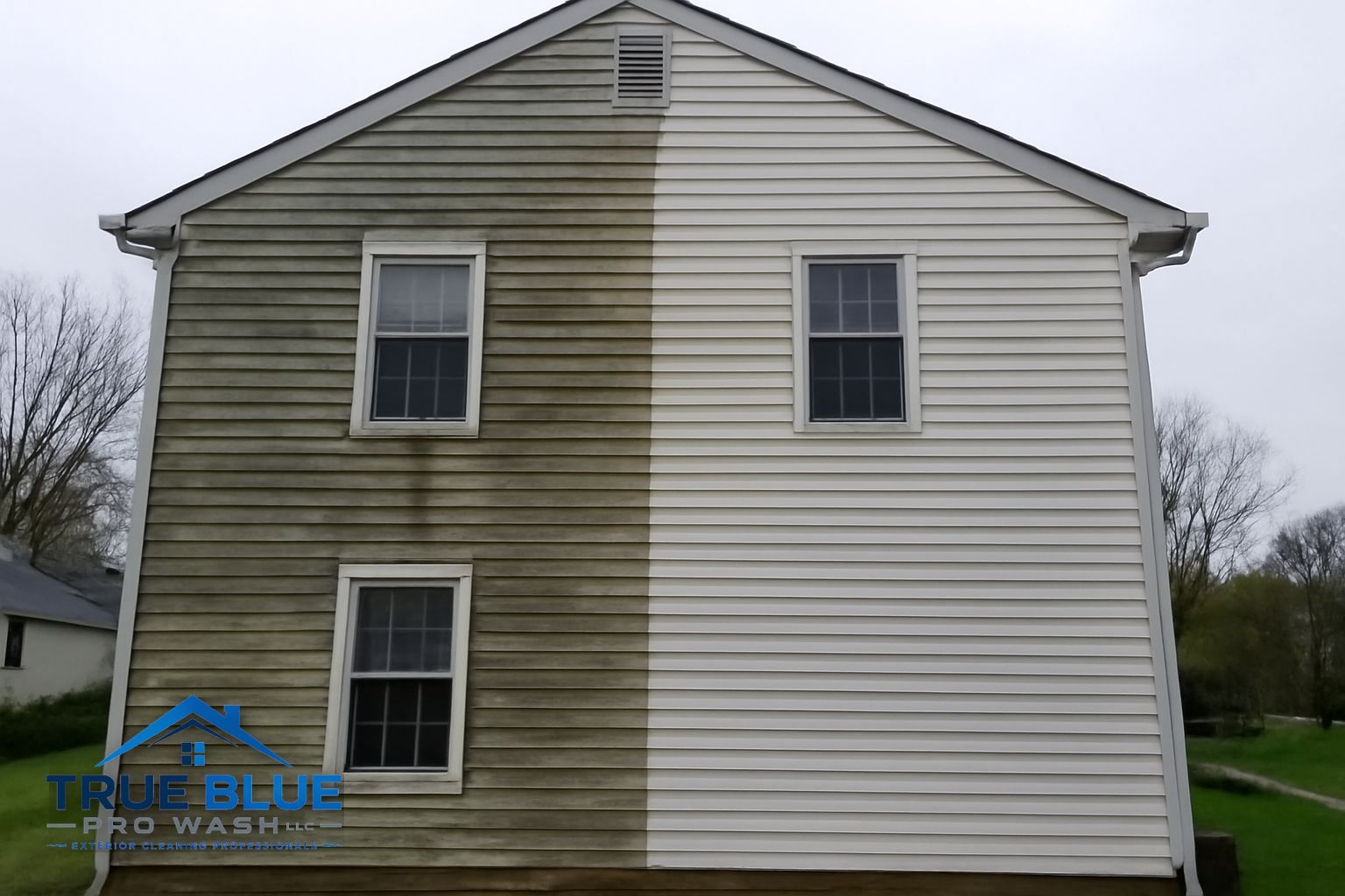 Green algae and mildew buildup on the north-facing siding of a Wilmington Delaware home before soft washing