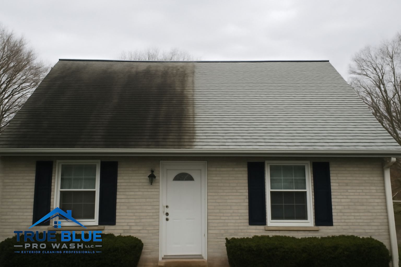 Dark black algae streaks on an asphalt shingle roof before soft washing treatment