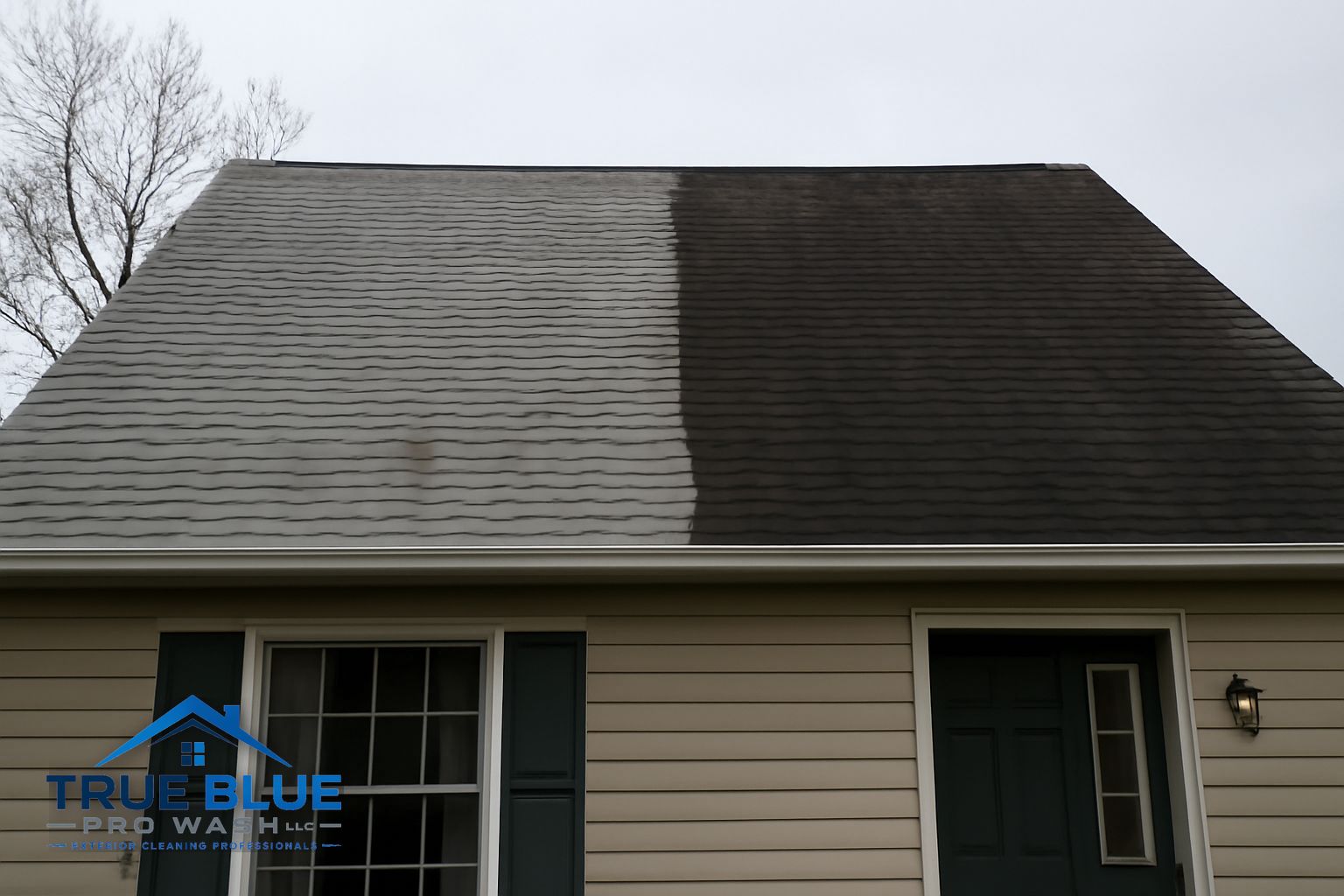 Technician applying soft wash solution to a residential roof in Chester County Pennsylvania