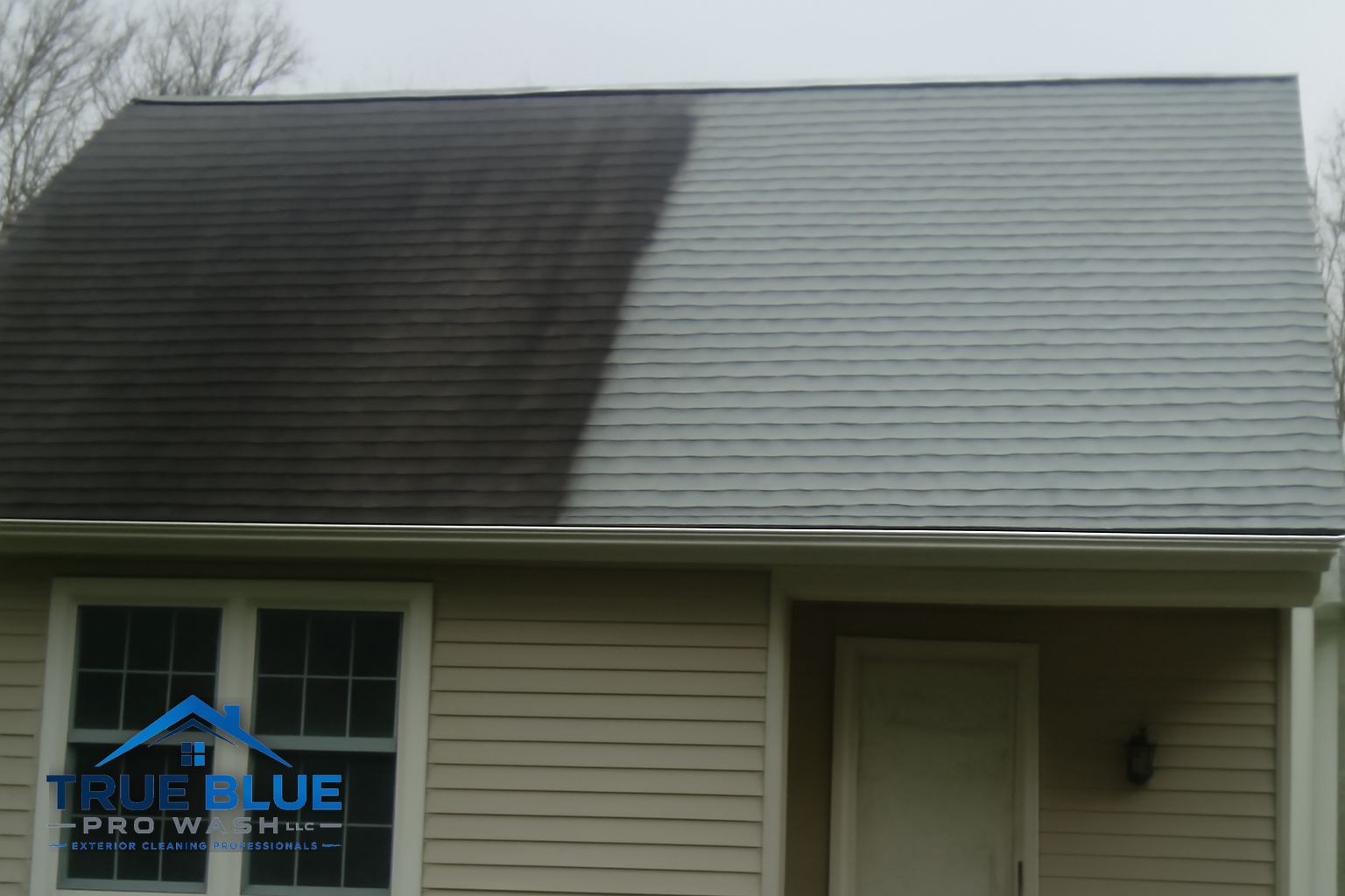 Clean asphalt shingle roof after soft washing in a Wilmington Delaware neighborhood