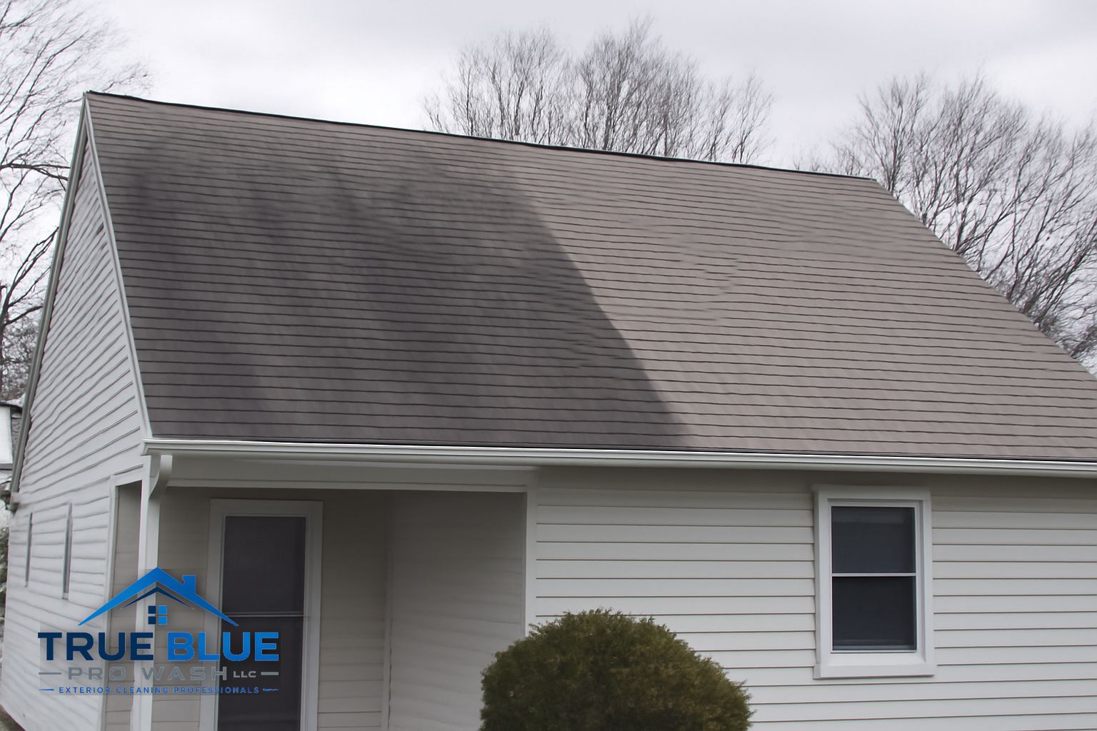 Clean asphalt shingle roof after soft washing on a Newark, DE residential home