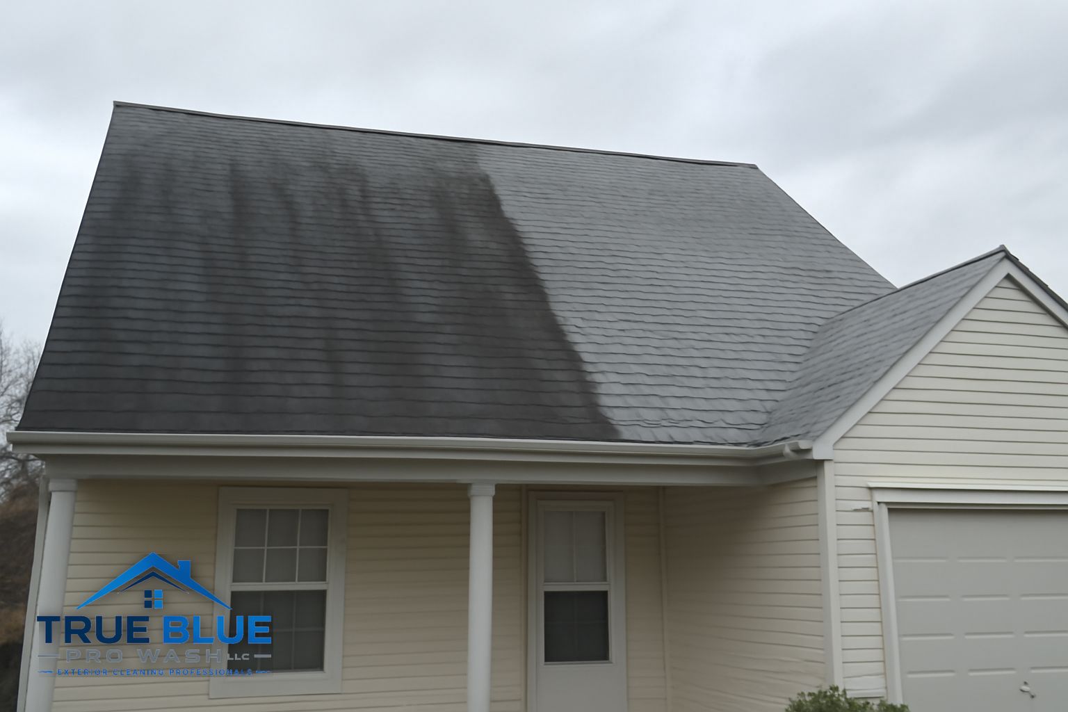 Black algae streaks on an asphalt shingle roof in West Chester PA before soft washing