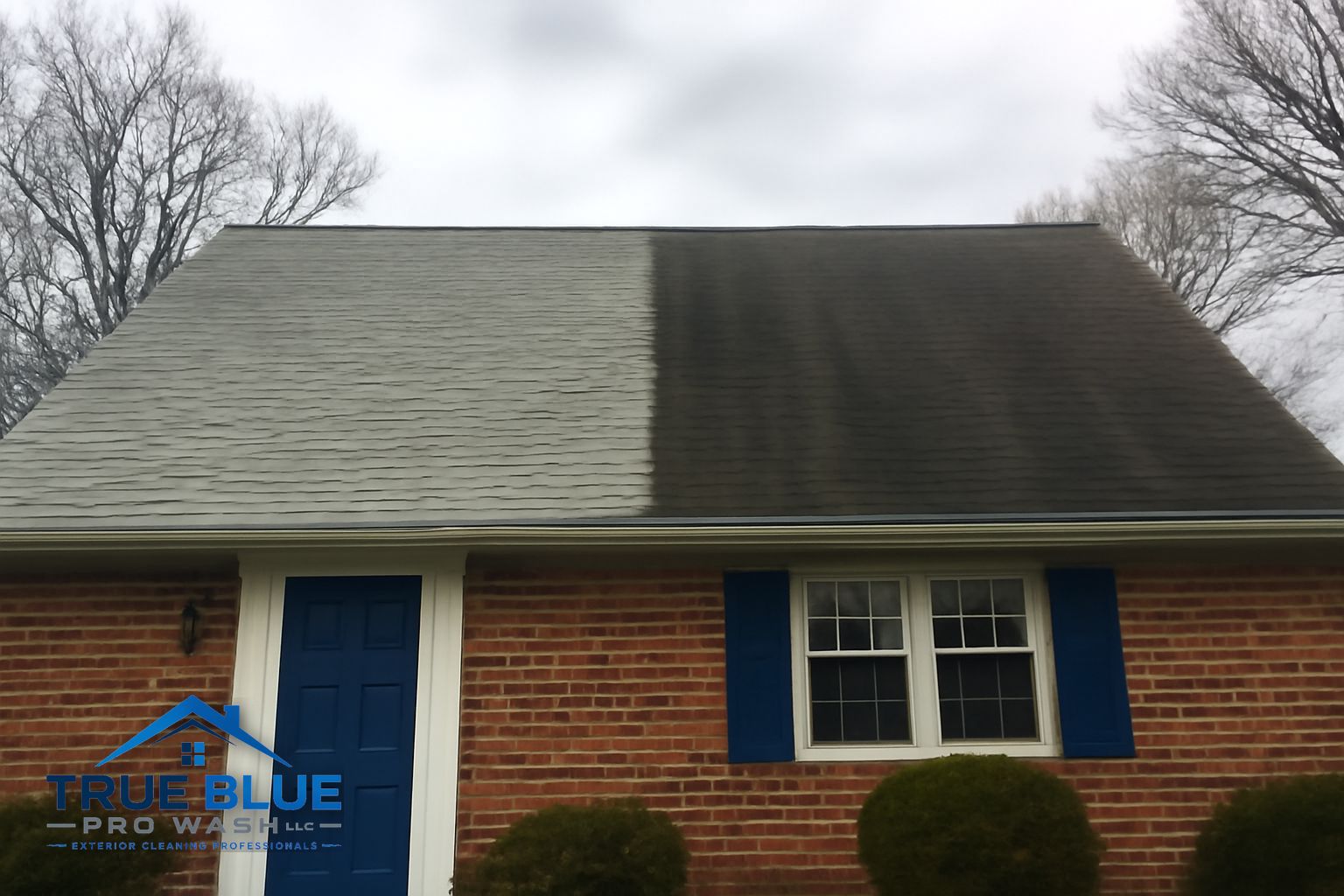Clean asphalt shingle roof after soft washing in a West Chester PA neighborhood