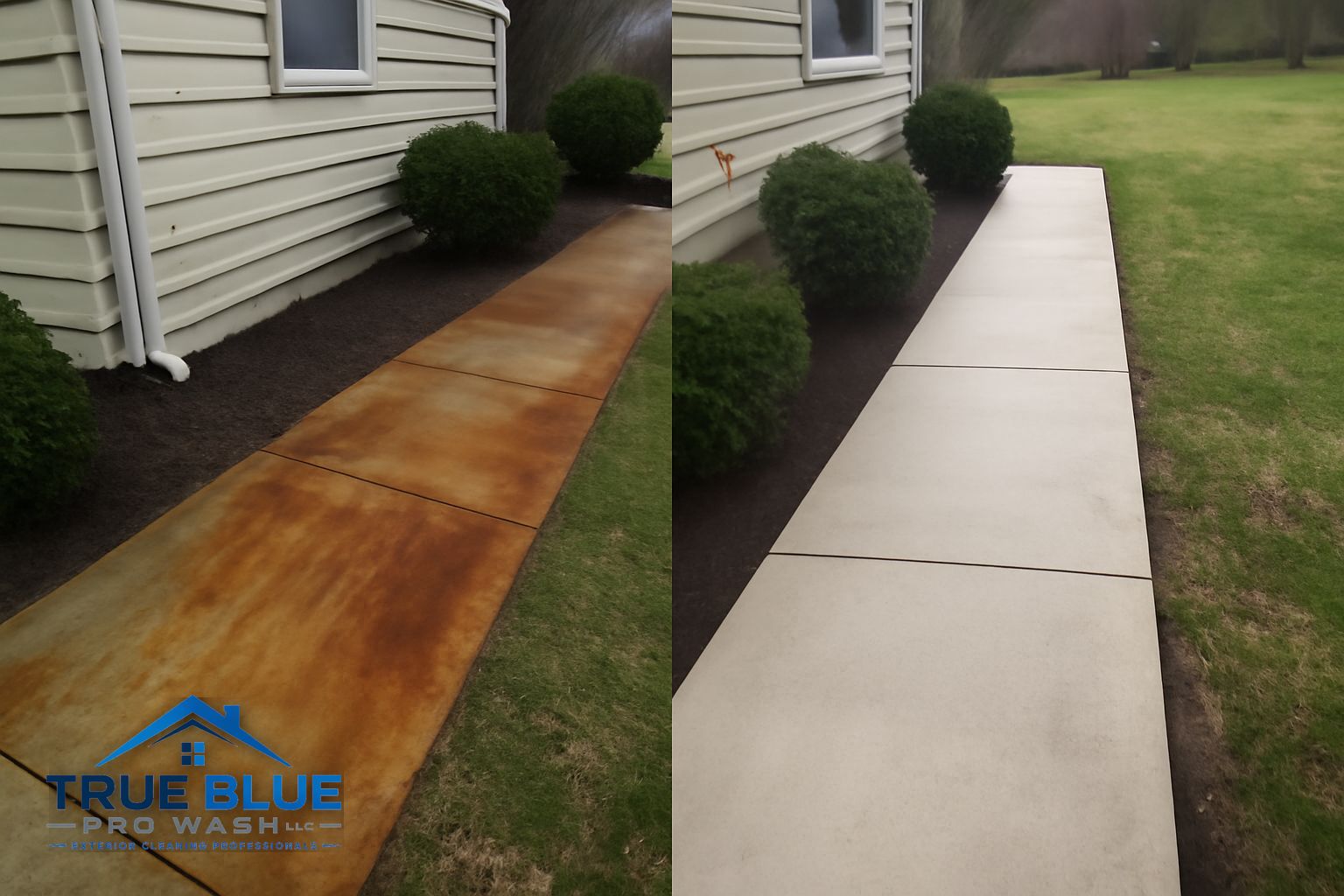 Orange rust stains on a concrete driveway in Chadds Ford PA before professional treatment
