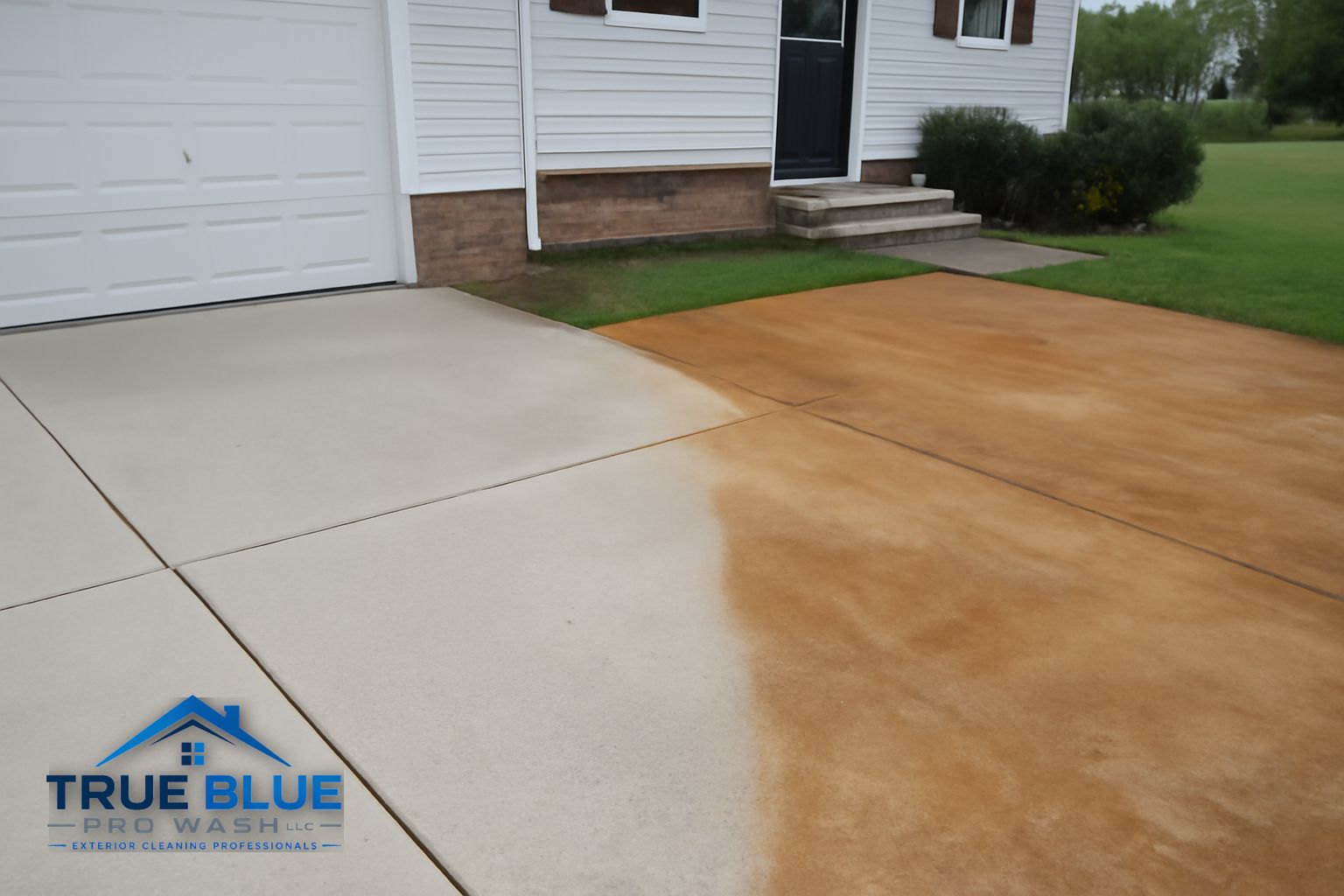 Rust streaks on vinyl siding and concrete near a downspout in New Castle Delaware
